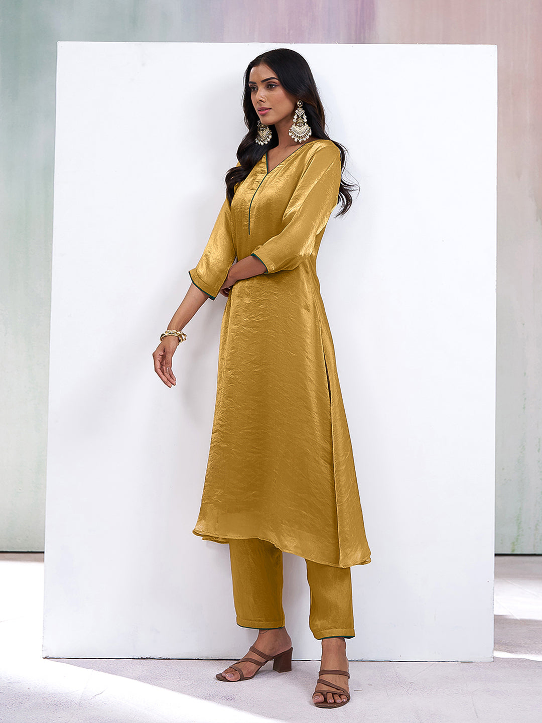 Golden Solid Silk Blend A-Line Womens Kurta With Pant Set