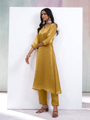 Golden Solid Silk Blend A-Line Womens Kurta With Pant Set