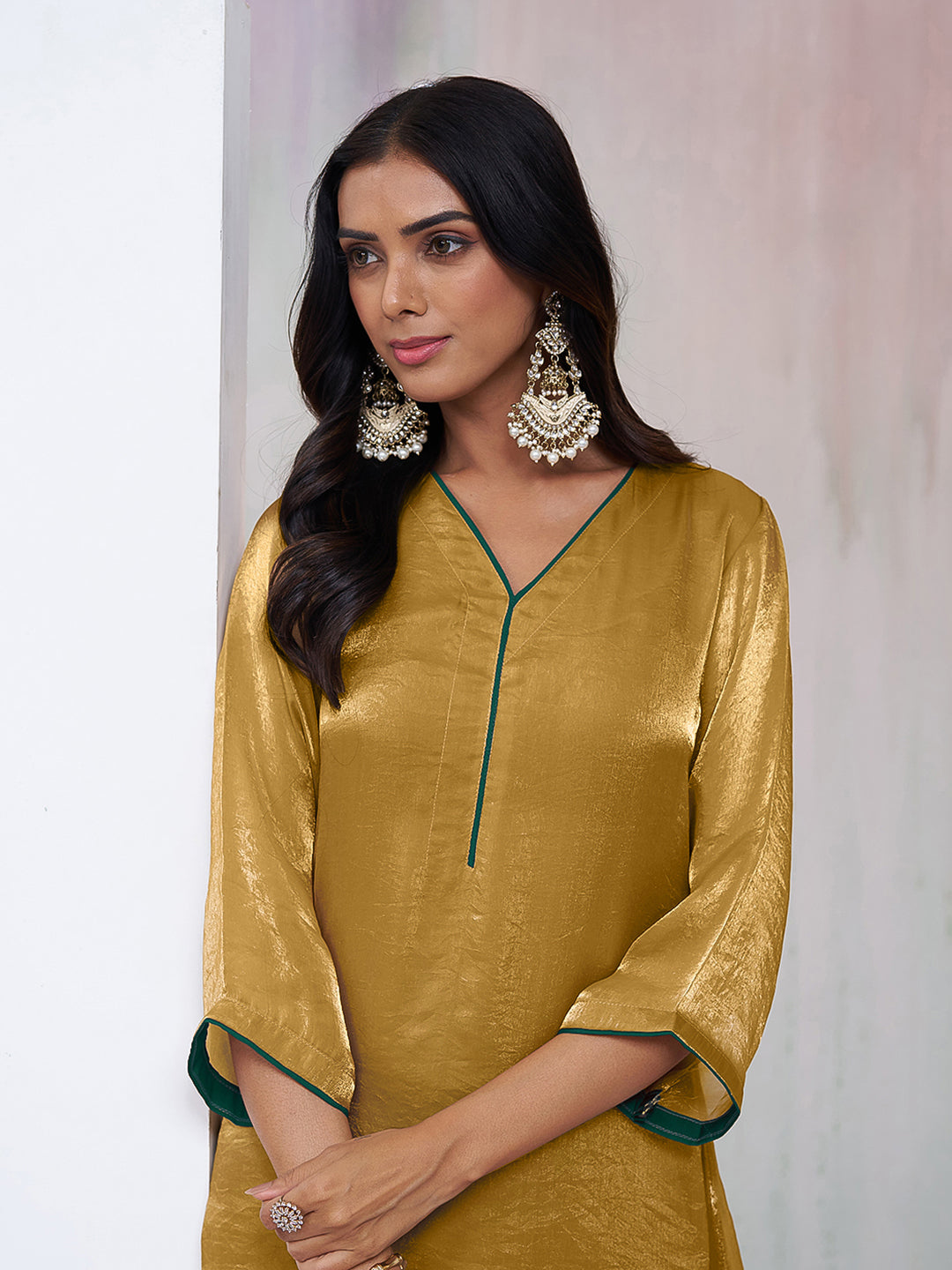 Golden Solid Silk Blend A-Line Womens Kurta With Pant Set
