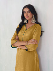 Golden Solid Silk Blend A-Line Womens Kurta With Pant Set