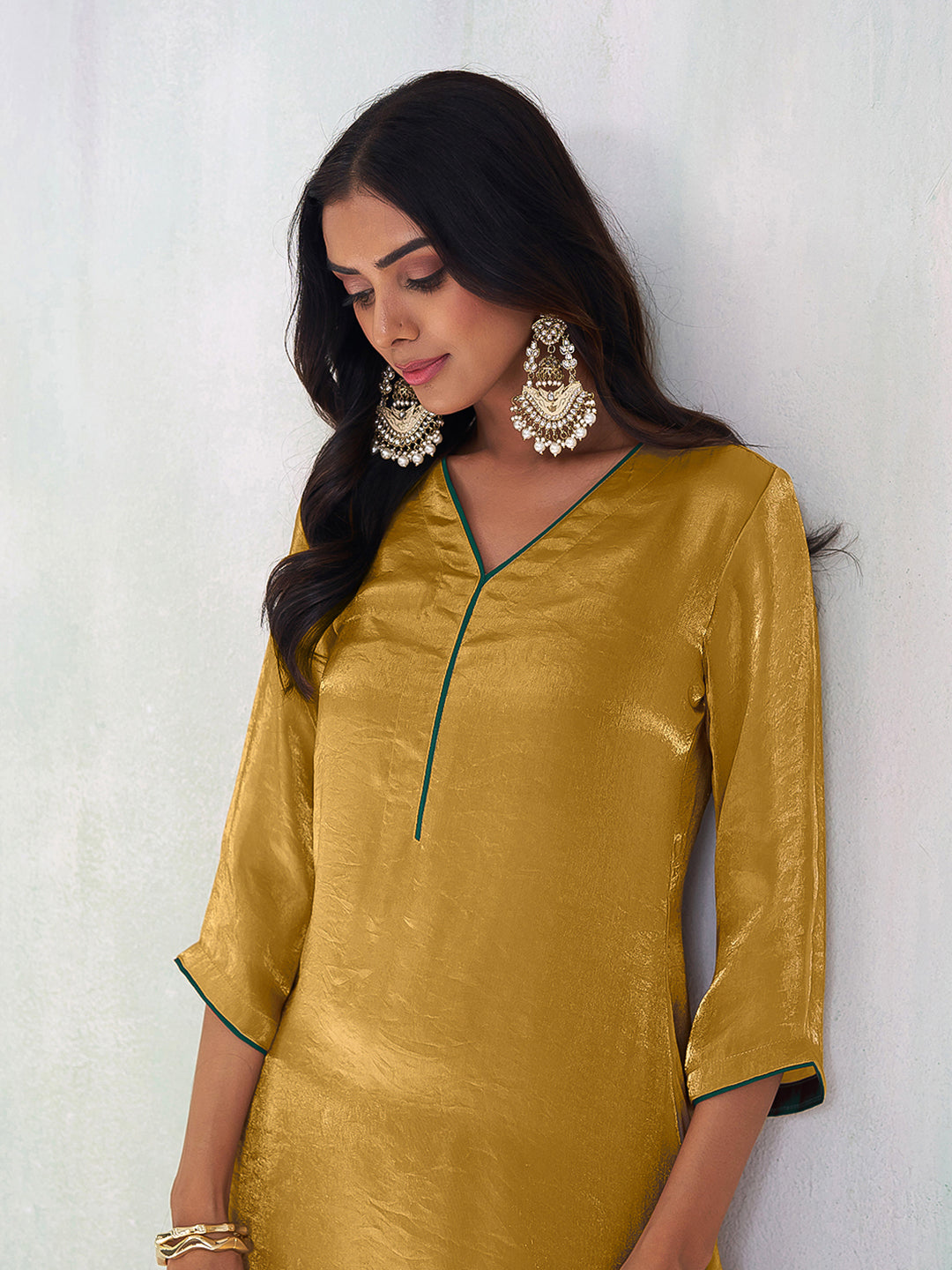 Golden Solid Silk Blend A-Line Womens Kurta With Pant Set