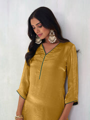 Golden Solid Silk Blend A-Line Womens Kurta With Pant Set