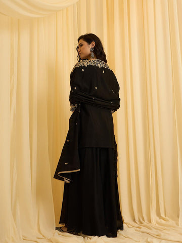 Black Embroidered Kurta with One-Side Embroidered Dupatta & Plazzo