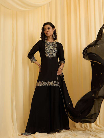 Black Embroidered Kurta with One-Side Embroidered Dupatta & Plazzo
