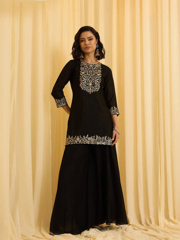 Black Embroidered Kurta with One-Side Embroidered Dupatta & Plazzo