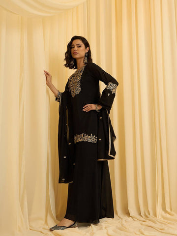 Black Embroidered Kurta with One-Side Embroidered Dupatta & Plazzo