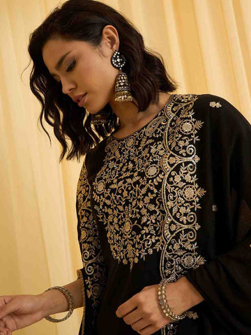 Black Embroidered Kurta with One-Side Embroidered Dupatta & Plazzo
