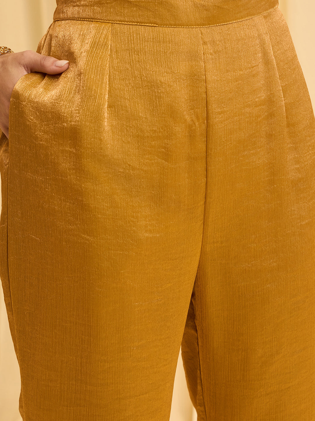 Mustard Chiffon Zari Sequence Thread Embroidered With Coding Kurta With Pant And Dupatta Set