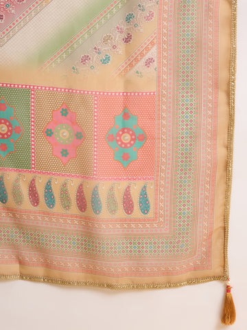 Mustard Chiffon Zari Sequence Thread Embroidered With Coding Kurta With Pant And Dupatta Set