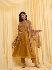 Mustard Chiffon Zari Sequence Thread Embroidered With Coding Kurta With Pant And Dupatta Set