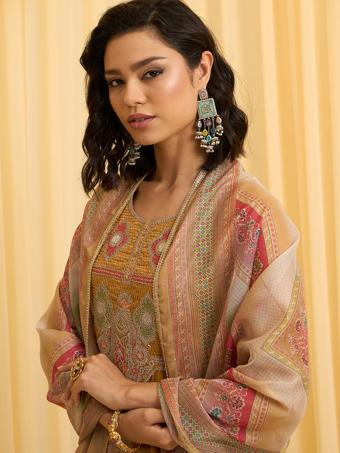 Mustard Chiffon Zari Sequence Thread Embroidered With Coding Kurta With Pant And Dupatta Set