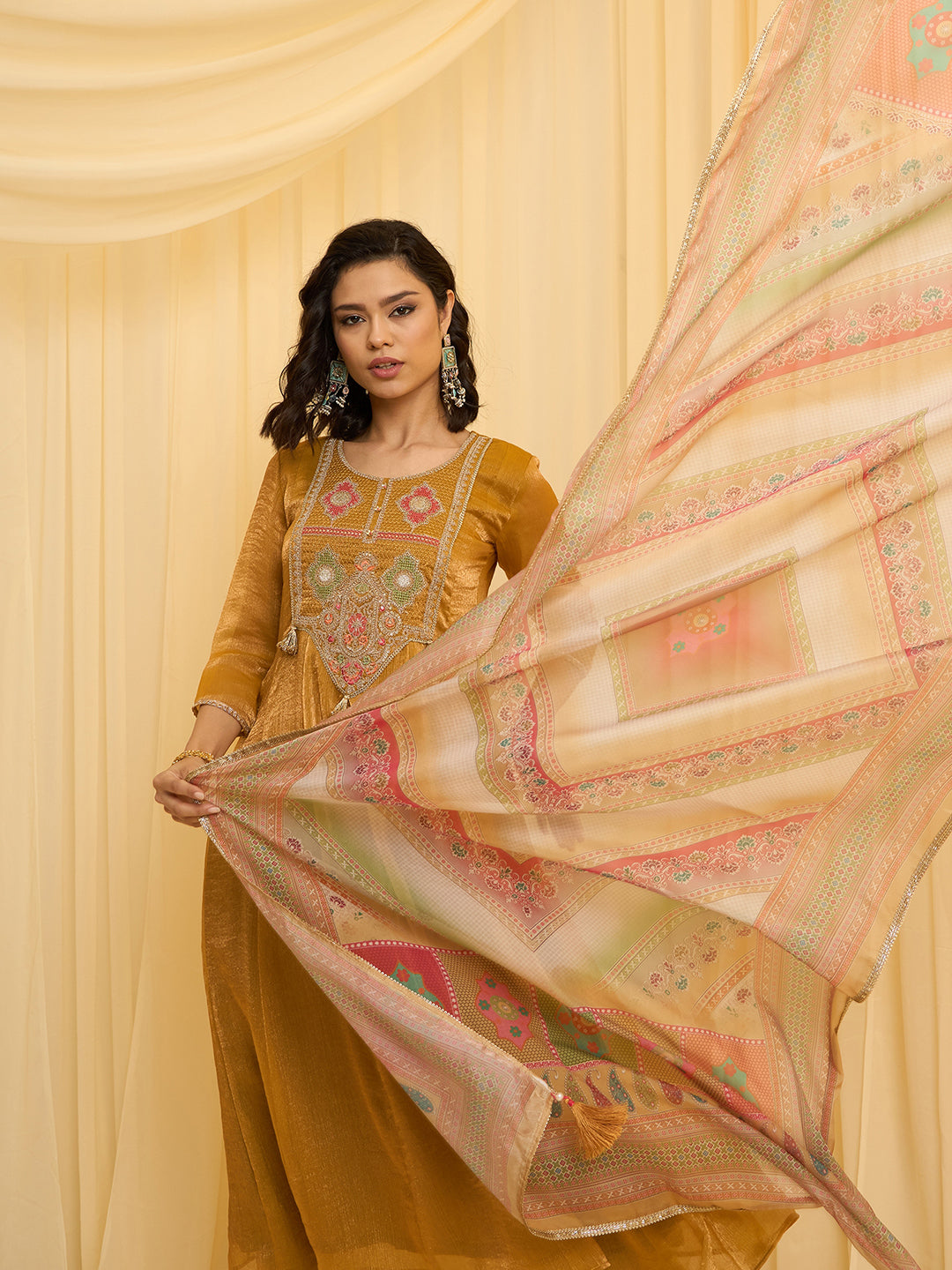 Mustard Chiffon Zari Sequence Thread Embroidered With Coding Kurta With Pant And Dupatta Set
