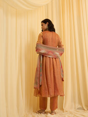 Brunt Orange Chiffon Zari Sequence Thread Embroidered With Coding Kurta With Pant And Dupatta Set