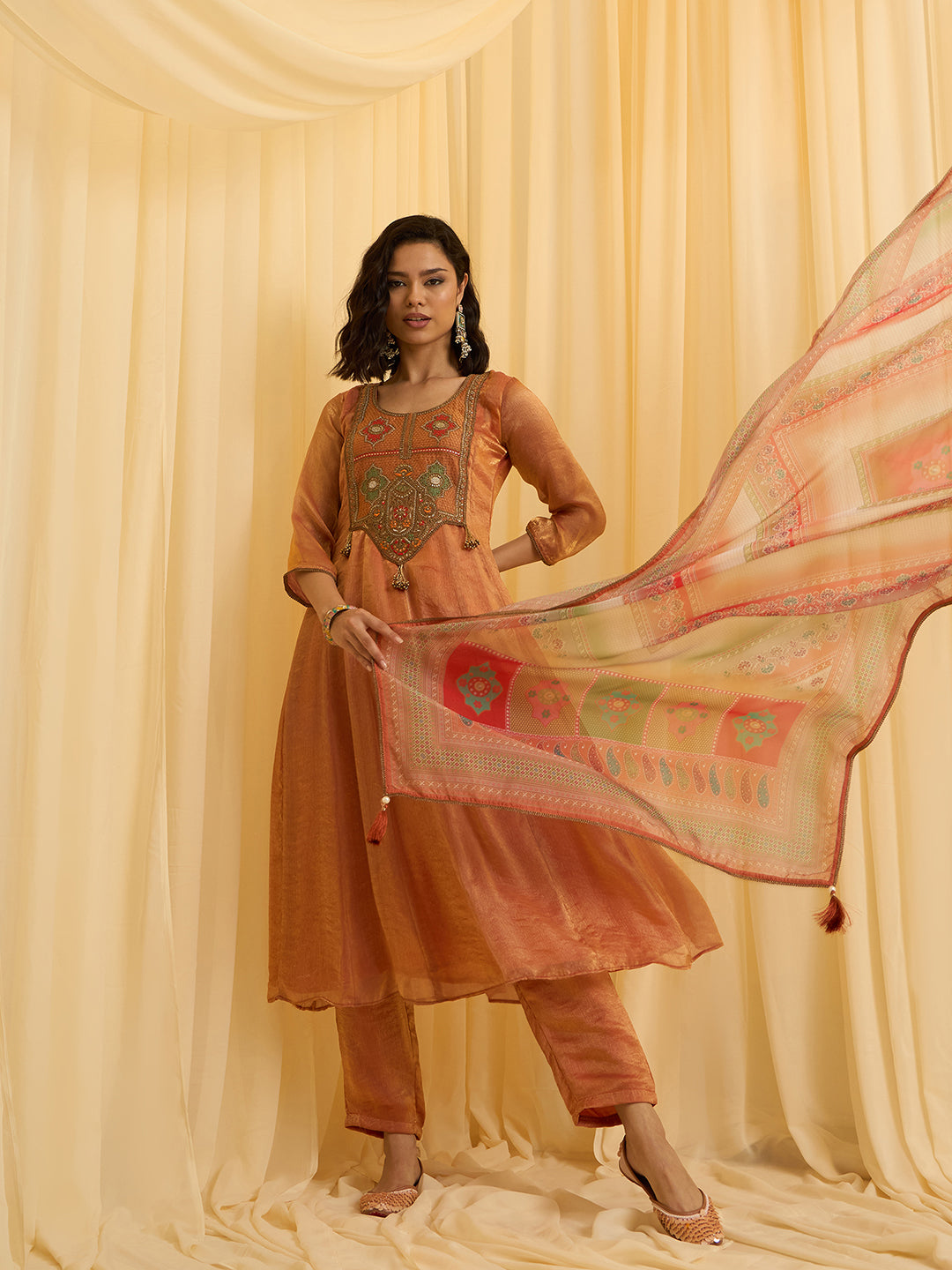 Brunt Orange Chiffon Zari Sequence Thread Embroidered With Coding Kurta With Pant And Dupatta Set