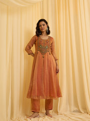 Brunt Orange Chiffon Zari Sequence Thread Embroidered With Coding Kurta With Pant And Dupatta Set