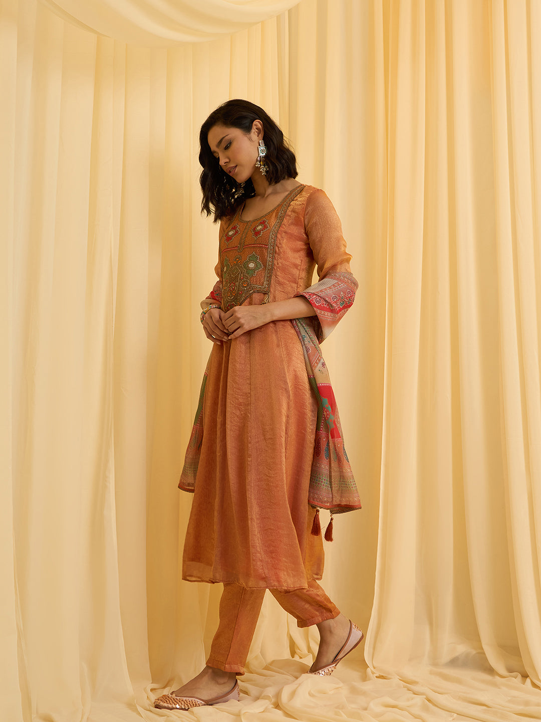 Brunt Orange Chiffon Zari Sequence Thread Embroidered With Coding Kurta With Pant And Dupatta Set