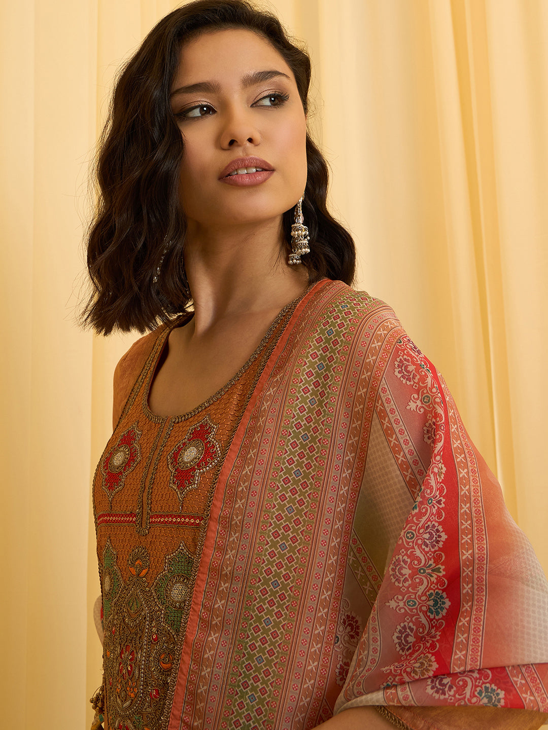 Brunt Orange Chiffon Zari Sequence Thread Embroidered With Coding Kurta With Pant And Dupatta Set