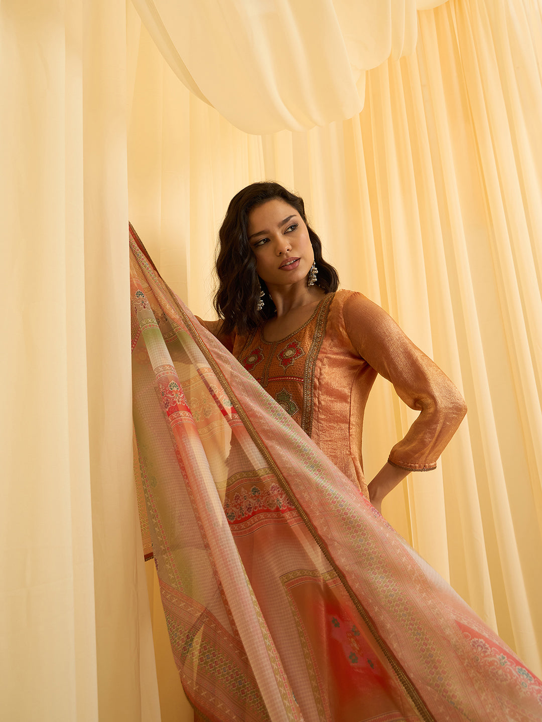 Brunt Orange Chiffon Zari Sequence Thread Embroidered With Coding Kurta With Pant And Dupatta Set