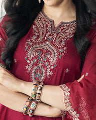 Burgundy Vichitra Zari Sequence Embroidered Kurta With Patiala And Dupatta Set