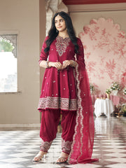 Burgundy Vichitra Zari Sequence Embroidered Kurta With Patiala And Dupatta Set