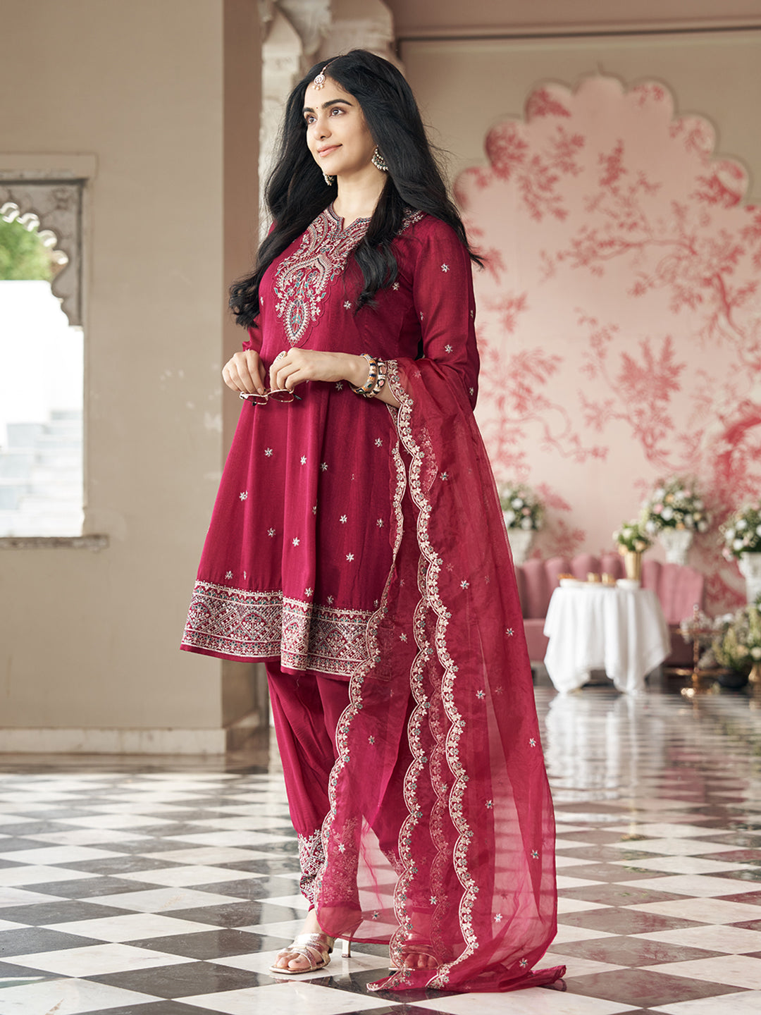 Burgundy Vichitra Zari Sequence Embroidered Kurta With Patiala And Dupatta Set