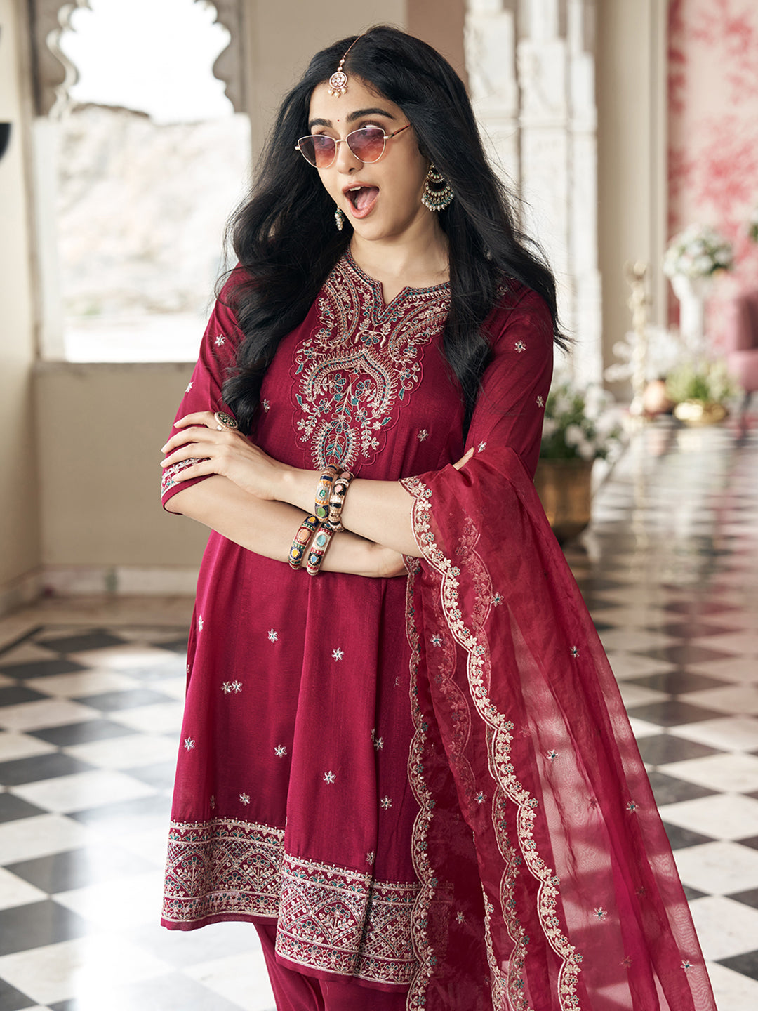 Burgundy Vichitra Zari Sequence Embroidered Kurta With Patiala And Dupatta Set