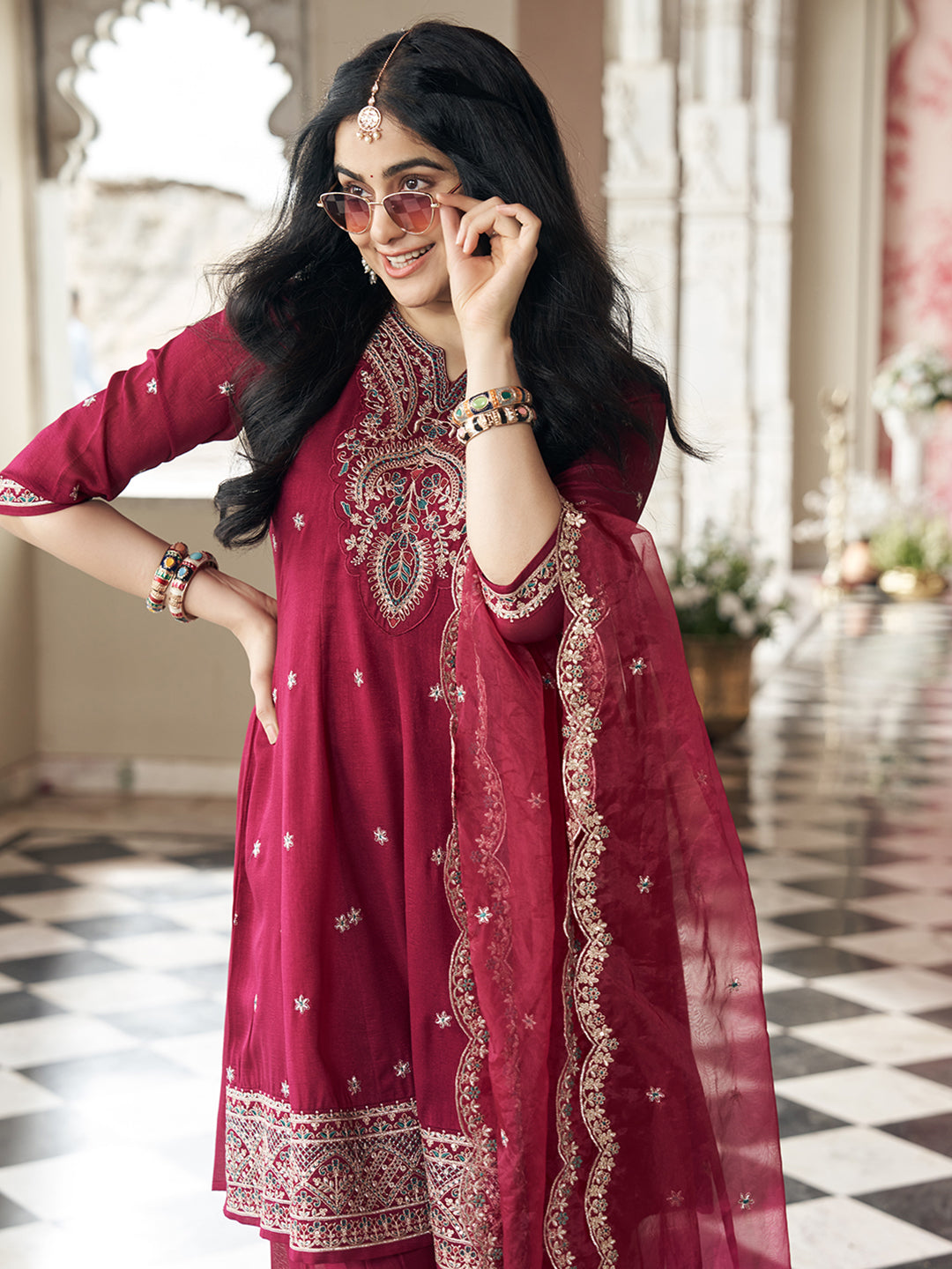 Burgundy Vichitra Zari Sequence Embroidered Kurta With Patiala And Dupatta Set