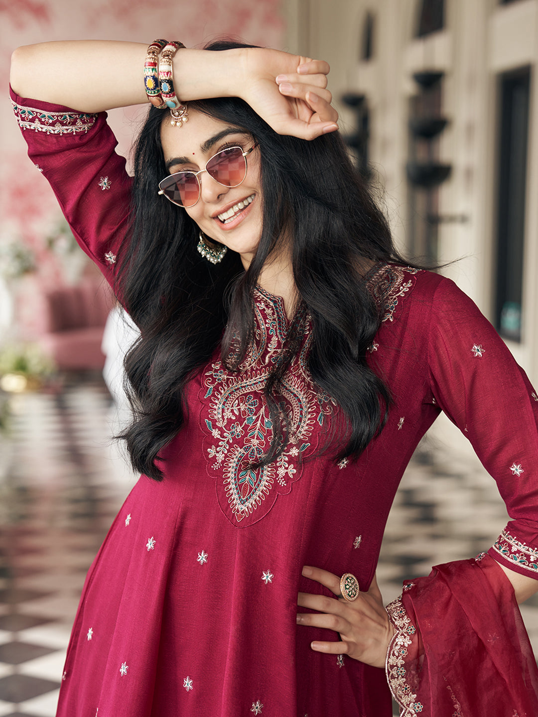 Burgundy Vichitra Zari Sequence Embroidered Kurta With Patiala And Dupatta Set