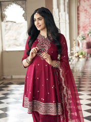 Burgundy Vichitra Zari Sequence Embroidered Kurta With Patiala And Dupatta Set