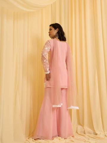 Light Pink Embroidered Kurti with Matching Flared Pajamas and Dupatta Set