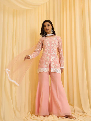 Light Pink Embroidered Kurti with Matching Flared Pajamas and Dupatta Set