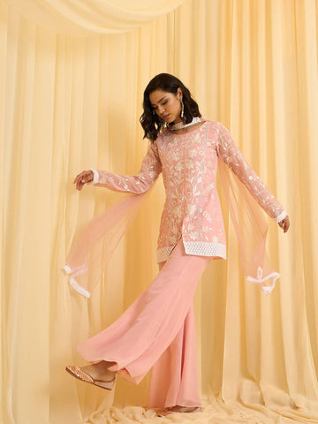 Light Pink Embroidered Kurti with Matching Flared Pajamas and Dupatta Set