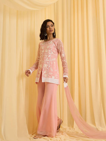 Light Pink Embroidered Kurti with Matching Flared Pajamas and Dupatta Set