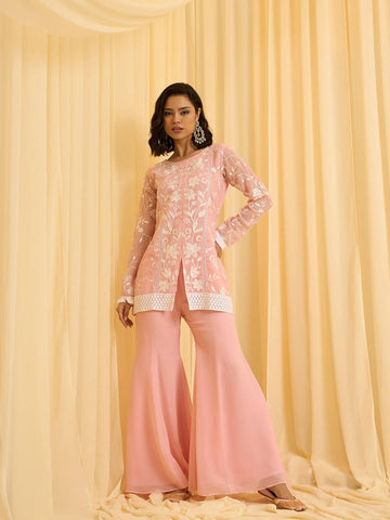 Light Pink Embroidered Kurti with Matching Flared Pajamas and Dupatta Set