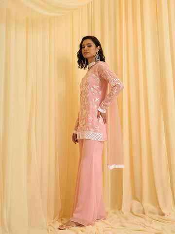 Light Pink Embroidered Kurti with Matching Flared Pajamas and Dupatta Set