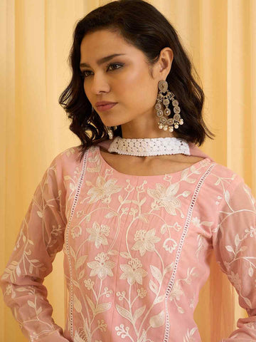 Light Pink Embroidered Kurti with Matching Flared Pajamas and Dupatta Set