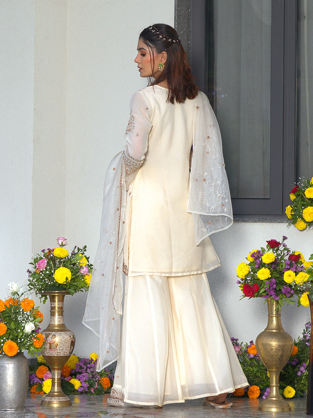White Star GeorgetteZari Sequence Thread Embroidered Kurta With Palazzo And Dupatta Set