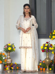 White Star GeorgetteZari Sequence Thread Embroidered Kurta With Palazzo And Dupatta Set