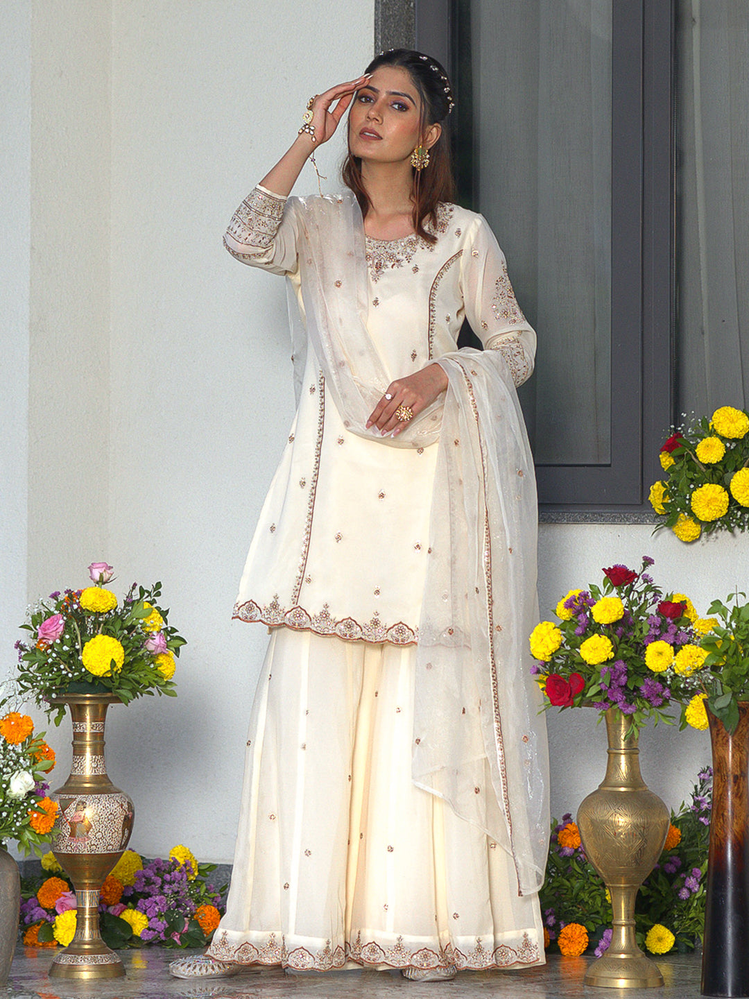 White Star GeorgetteZari Sequence Thread Embroidered Kurta With Palazzo And Dupatta Set