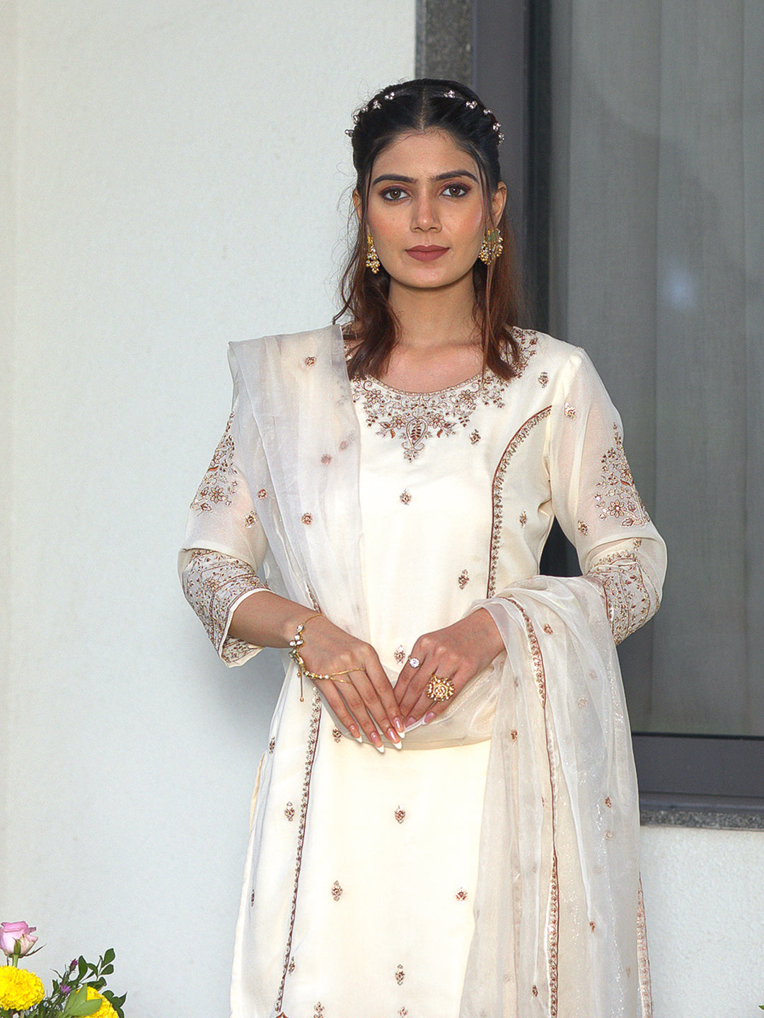 White Star GeorgetteZari Sequence Thread Embroidered Kurta With Palazzo And Dupatta Set