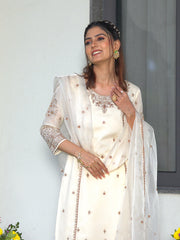 White Star GeorgetteZari Sequence Thread Embroidered Kurta With Palazzo And Dupatta Set
