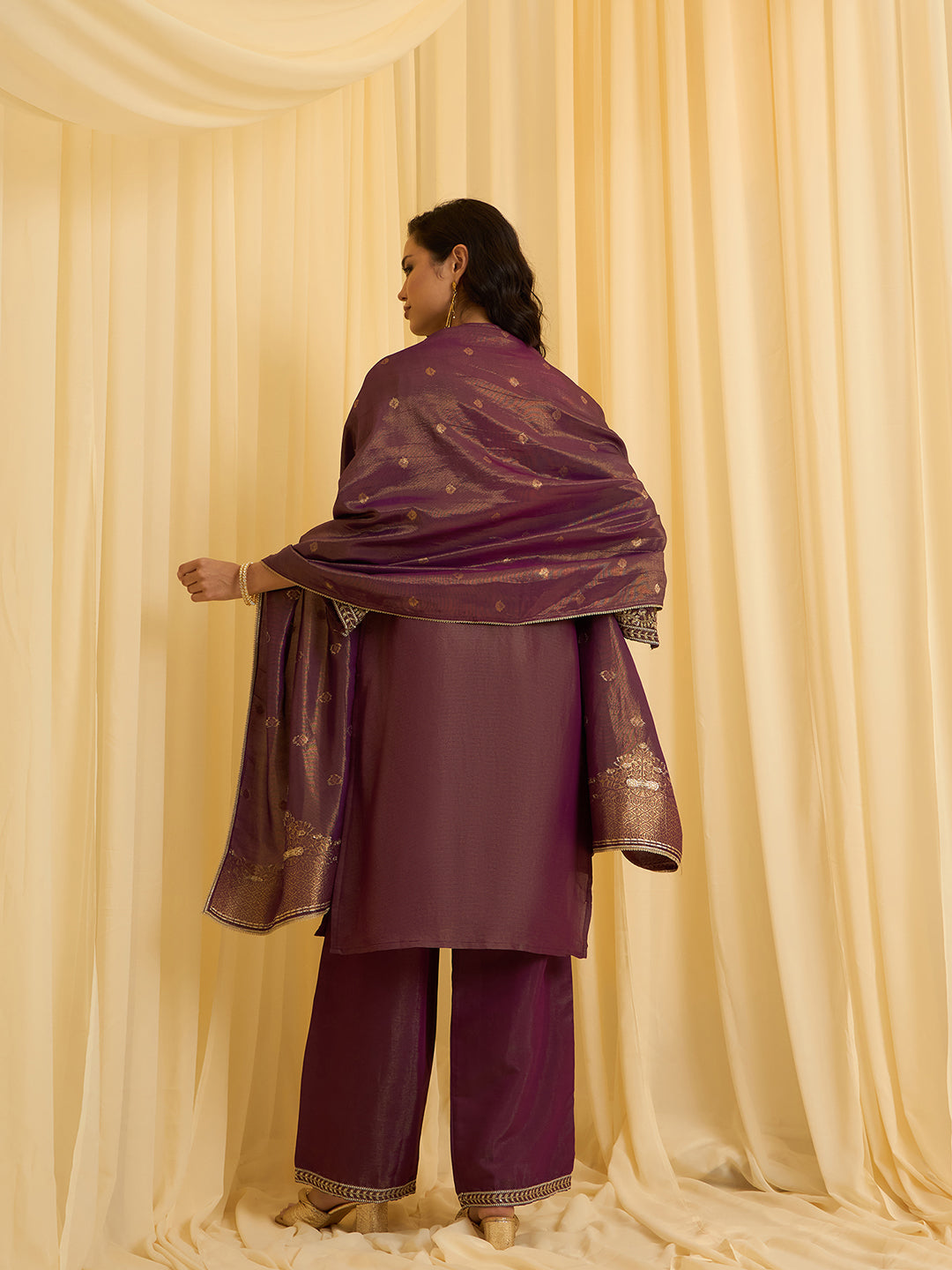 Wine Silk Blend Zari Sequence Embroidered Kurta With Palazzo And Dupatta Set