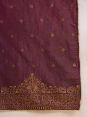Wine Silk Blend Zari Sequence Embroidered Kurta With Palazzo And Dupatta Set