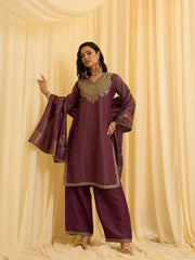 Wine Silk Blend Zari Sequence Embroidered Kurta With Palazzo And Dupatta Set