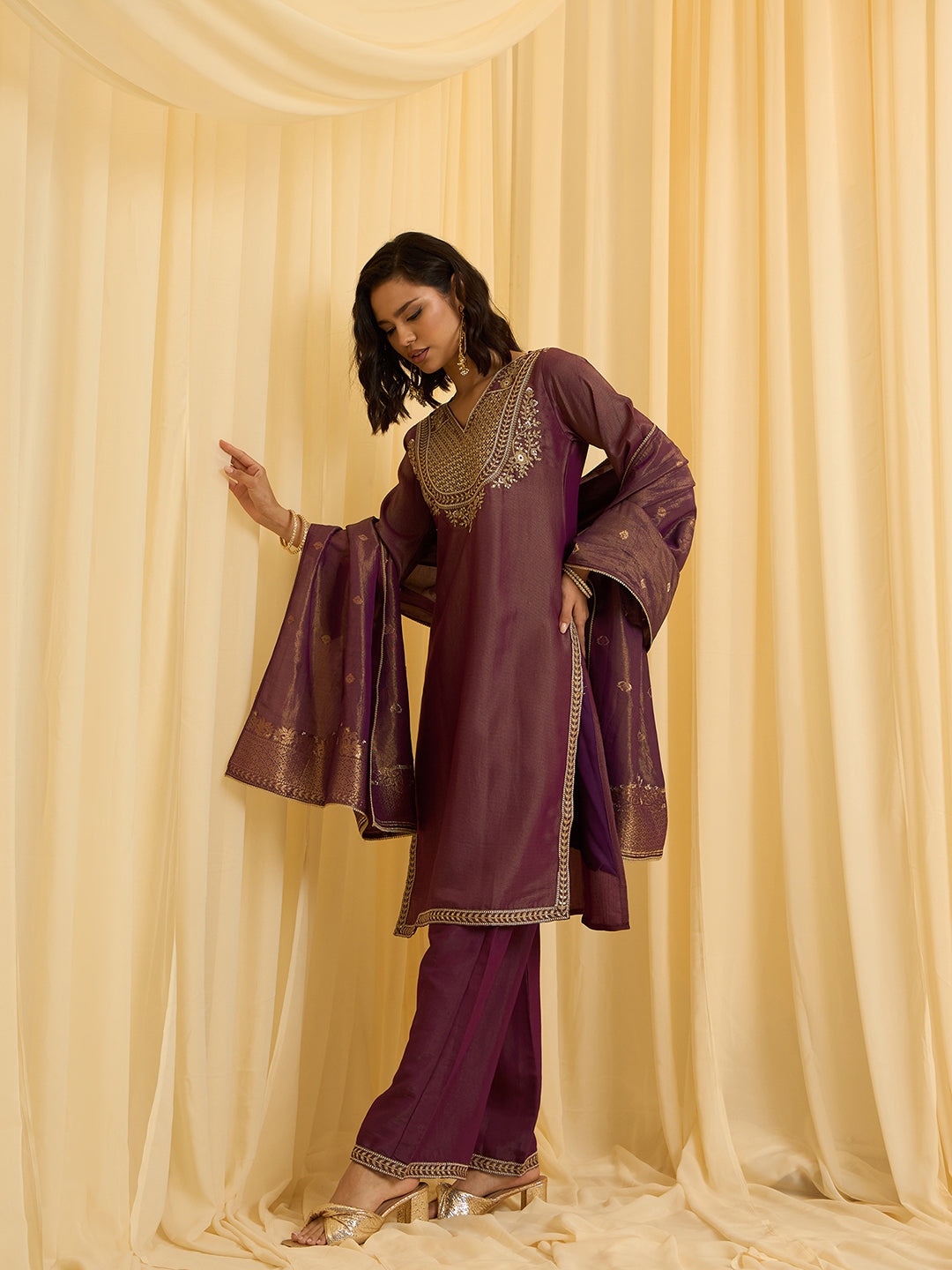 Wine Silk Blend Zari Sequence Embroidered Kurta With Palazzo And Dupatta Set