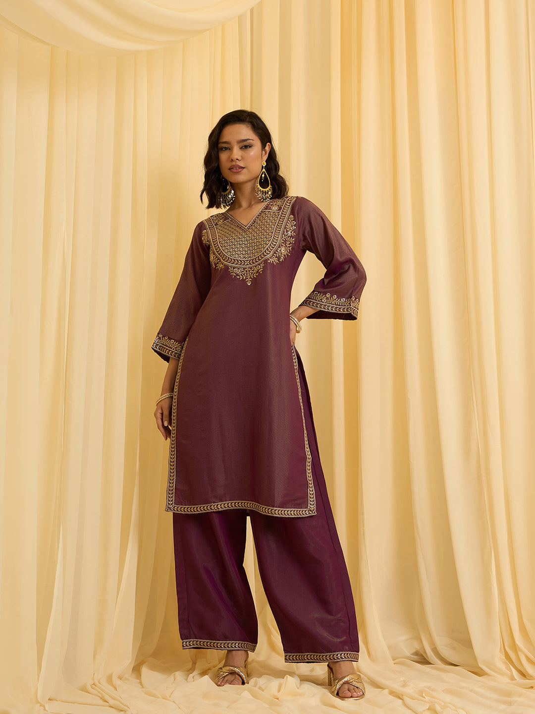 Wine Silk Blend Zari Sequence Embroidered Kurta With Palazzo And Dupatta Set