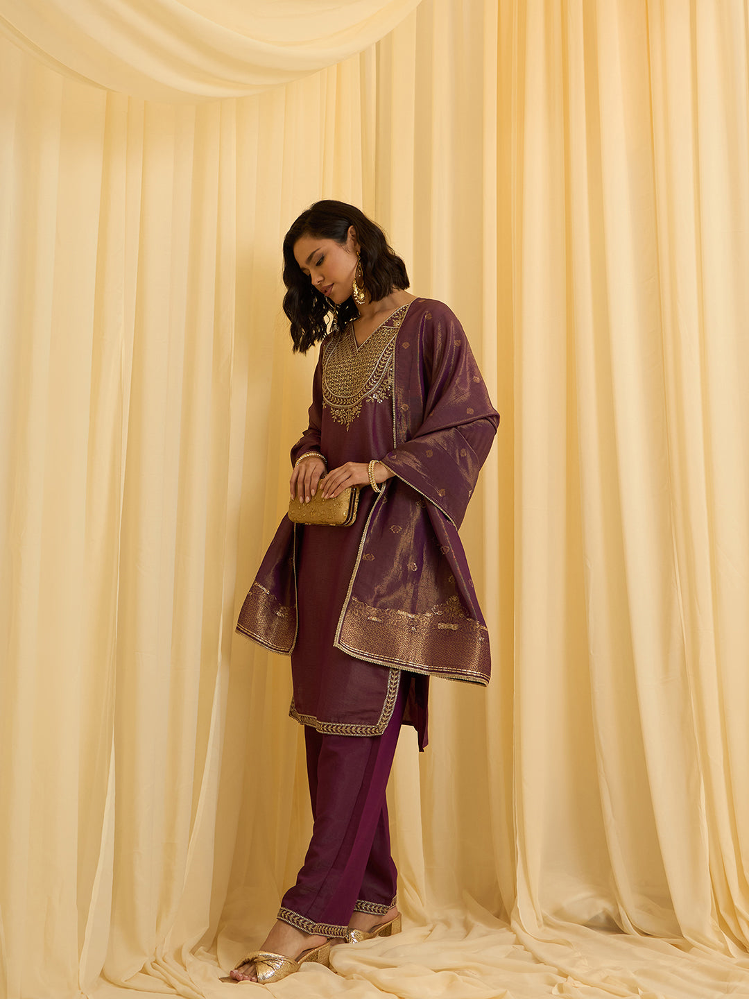 Wine Silk Blend Zari Sequence Embroidered Kurta With Palazzo And Dupatta Set