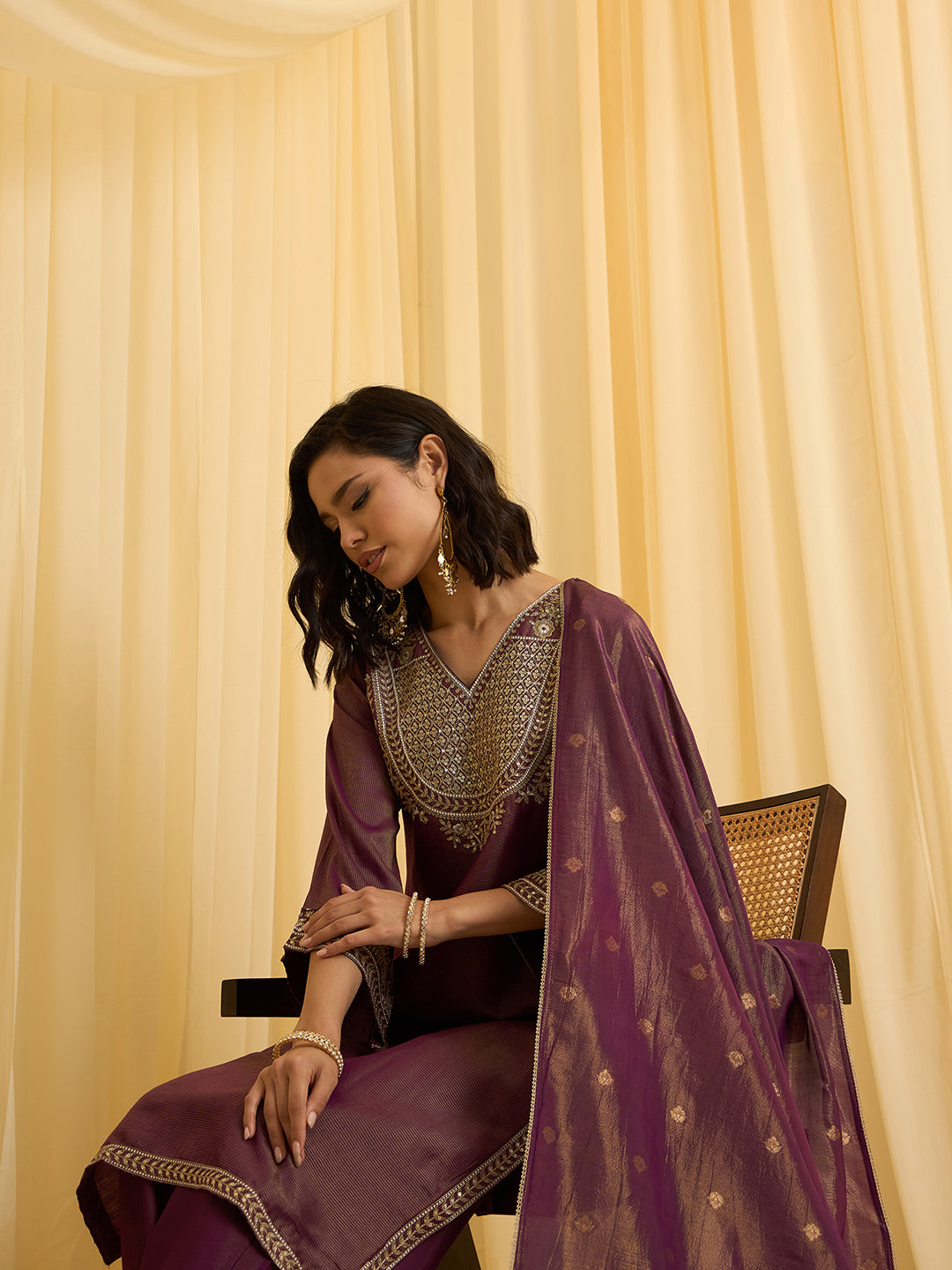 Wine Silk Blend Zari Sequence Embroidered Kurta With Palazzo And Dupatta Set