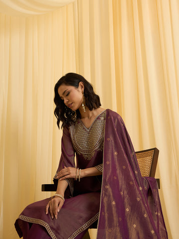 Wine Silk Blend Zari Sequence Embroidered Kurta With Palazzo And Dupatta Set