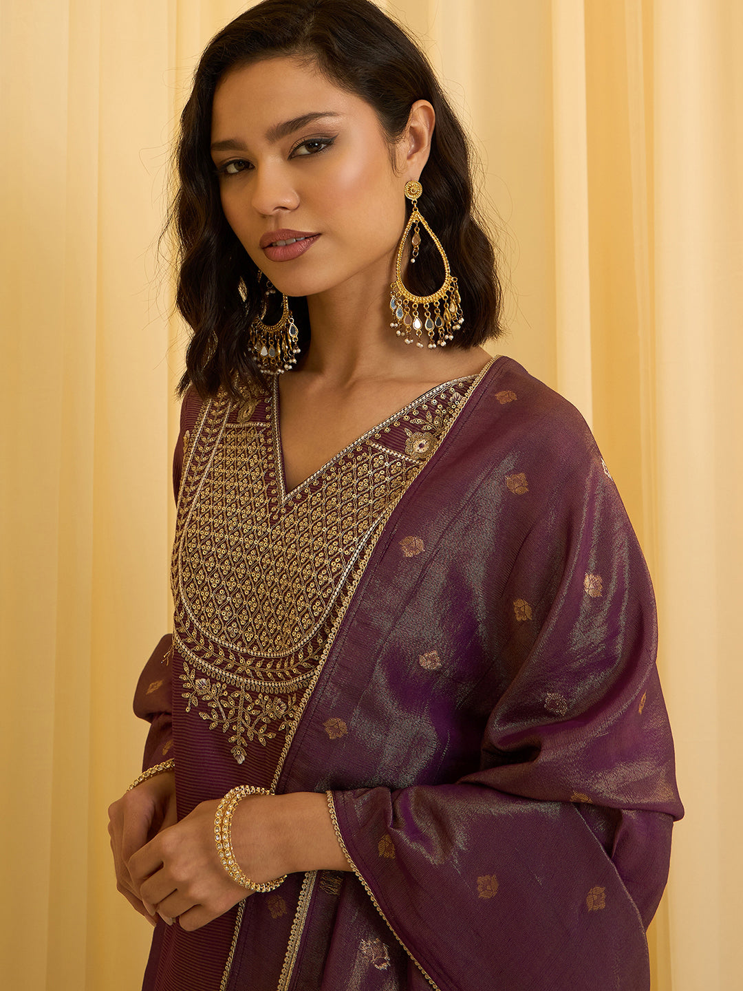 Wine Silk Blend Zari Sequence Embroidered Kurta With Palazzo And Dupatta Set